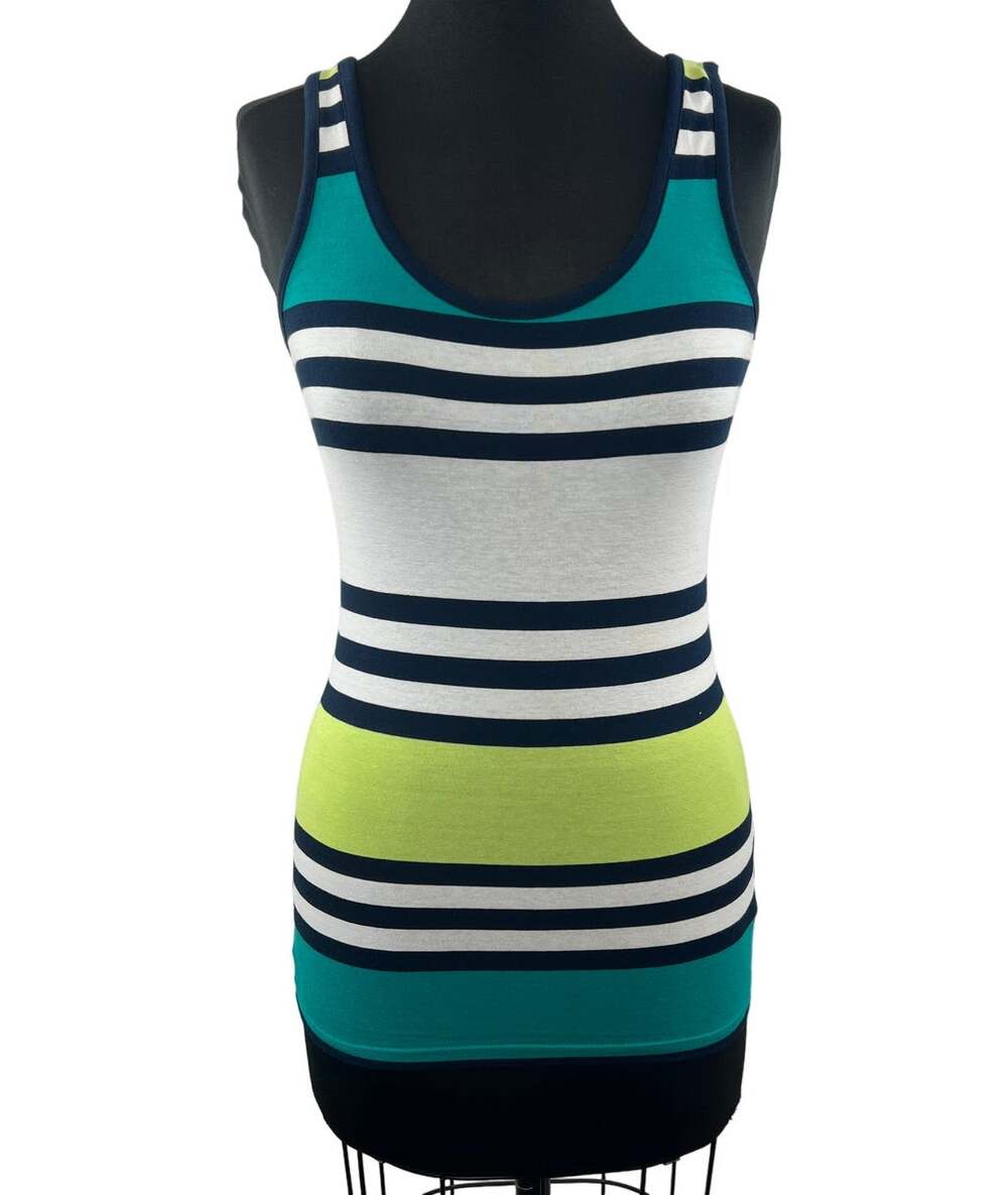 French Connection Striped Tank Top Teal Blue Green Black Yellow Size S Small